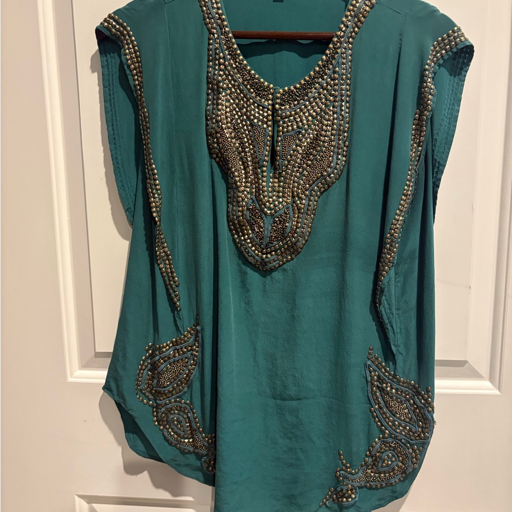 100% silk Calypso St. Barth Teal Embellished Tunic, S; $395